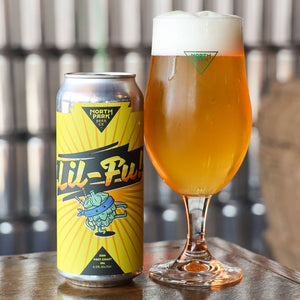 photo of can of DDH West Coast IPA Lil-Fu!  next to glass of beer