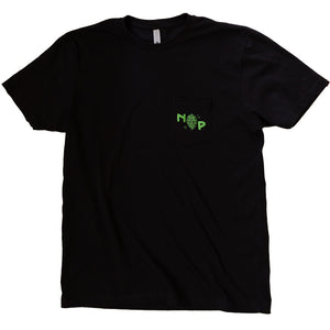Black t-shirt with NP Hop logo in green on the pocket