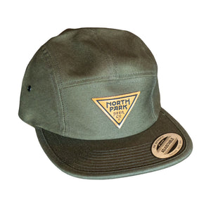 Army Green Camper style 5 panel hat with NPBC triangle logo patch on front