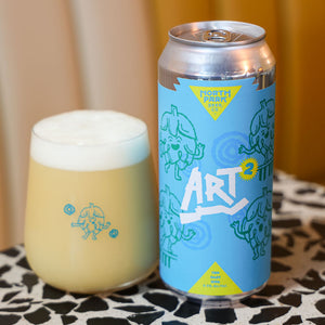 Can of Art Squared TDH Hazy DIPA next to a glass of beer