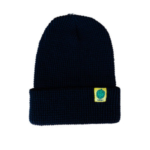Waffle Knit Black Beanie with our Happy Face Hop Buddy on a cheerful yellow hem tag.
