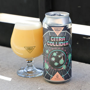 Can and glass of North Park Citra Collider beer on a surface