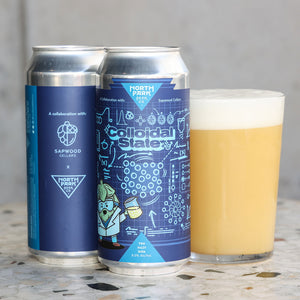 Two cans of North Park's Colloidal State beer with a glass of beer on a marble surface