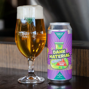Can of Dank Material TDH West Coast IPA next to glass of beer