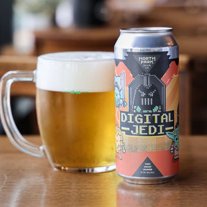 Can of North Park Beer Digital Jedi next to a glass of beer on a wooden table.