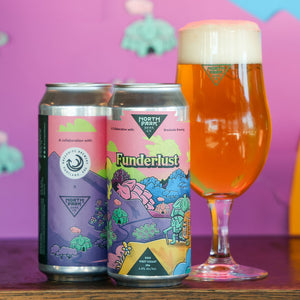 Two cans of 'Funderlust' beer with a glass of beer on a colorful background
