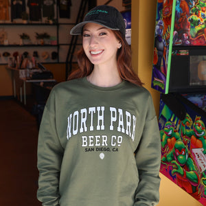 Someone wearing a Sage Green Pullover featuring our Collegiate Logo on the front.