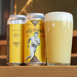 Two cans and a glass of 'Holy Sheets' beer by North Park Brewing Co.