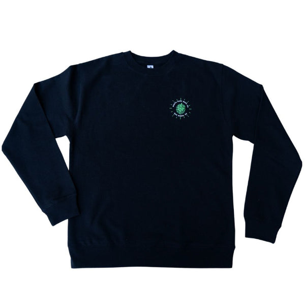 Black Pullover Sweatshirt with a green hop buddy logo on the front pocket area