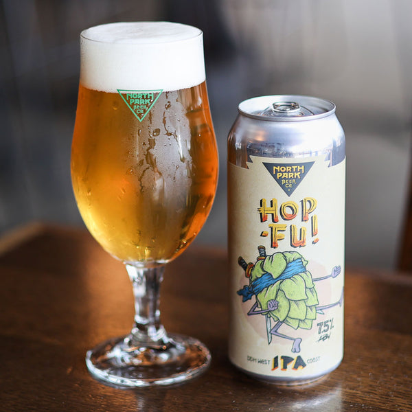 Can of Hop-Fu! DDH West Coast IPA next to glass of beer