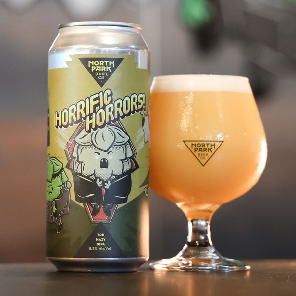 Can and glass of 'Horrific Horrors' beer from North Park Beer Co.