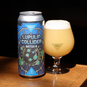 Can of North Park Beer Co's Lupulin Collider Batch 6 next to glass of beer.