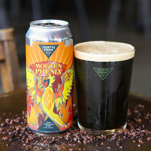 Photo of can of Molten Phenix Nitro Chocolate Stout next to glass of beer
