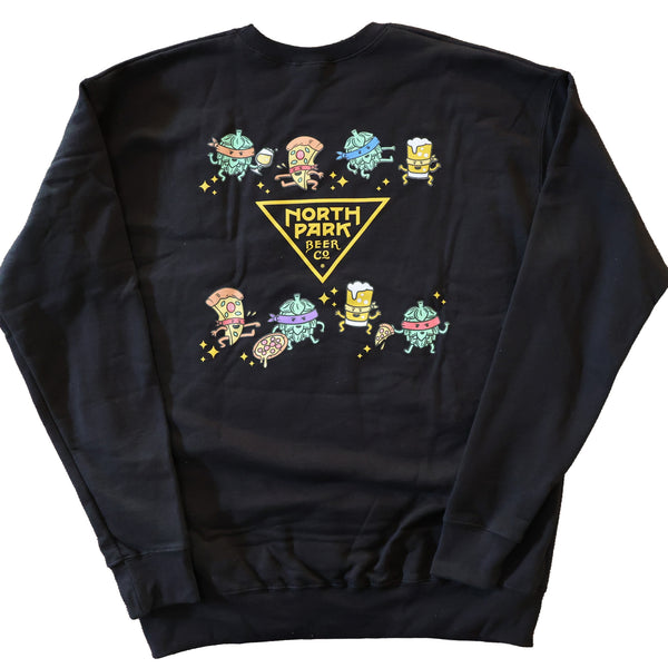 Black Pullover Sweater featuring colorful renderings of our  pizza and beer buddies on the back.