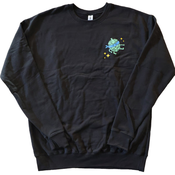 Black Pullover Sweater featuring colorful renderings our Hop-Fu! buddy on the front with yellow stars.
