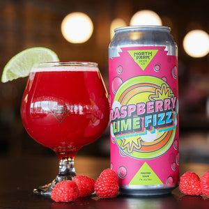 Can of Raspberry Lime Fizz Fruited Sour next to glass of beer