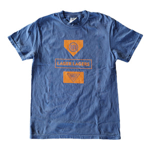 MIdnight Blue tshirt with orange NPBC and Schilling logos, middle text design reads "Lager Lagers"