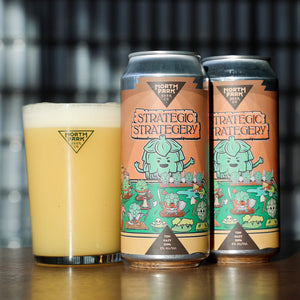 Two cans of North Park Beer Co 'Strategic Strategery' beer with a glass of beer on a wooden surface.