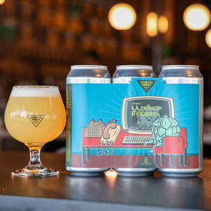 Photo of 3 cans of Ulterior Modems TDH Hazy DIPA next to a glass of beer