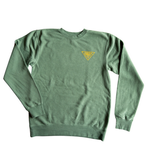 Green Pigment Dyed Pullover Sweatshirt with NPBC triangle logo on the front pocket area in sparkly gold ink. 