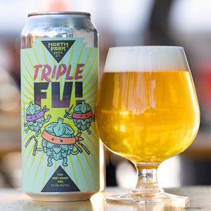 photo of Triple-Fu! West Coast TIPA 4 pack beside a glass of beer